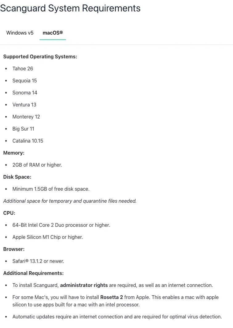 Official Scanguard macOS requirements list Catalina through Tahoe and Apple silicon