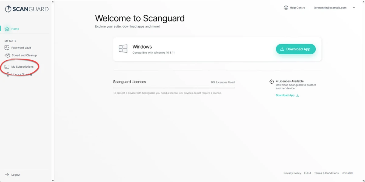 Official Scanguard dashboard example with My Subscriptions, Licence Sharing and license usage