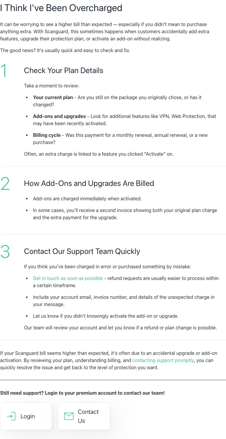 Official Scanguard overcharge guidance for plan changes, immediate add-on charges and second invoices