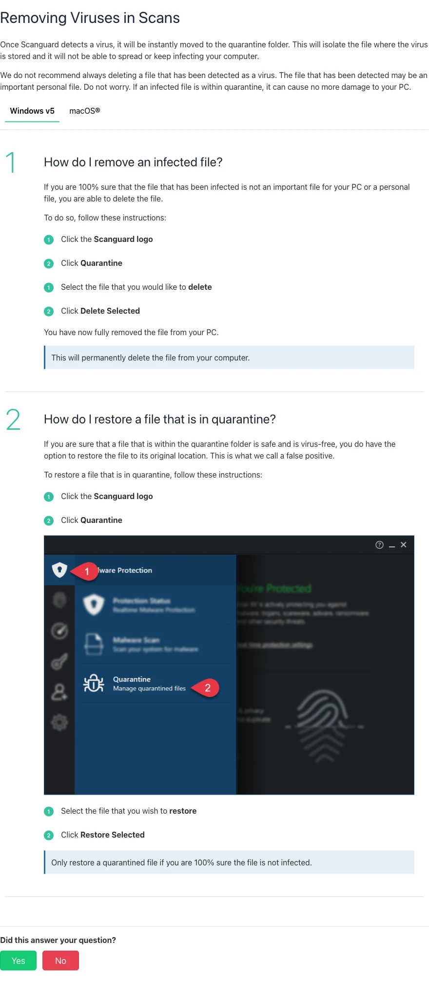 Official Scanguard Windows quarantine instructions showing Delete Selected and Restore Selected