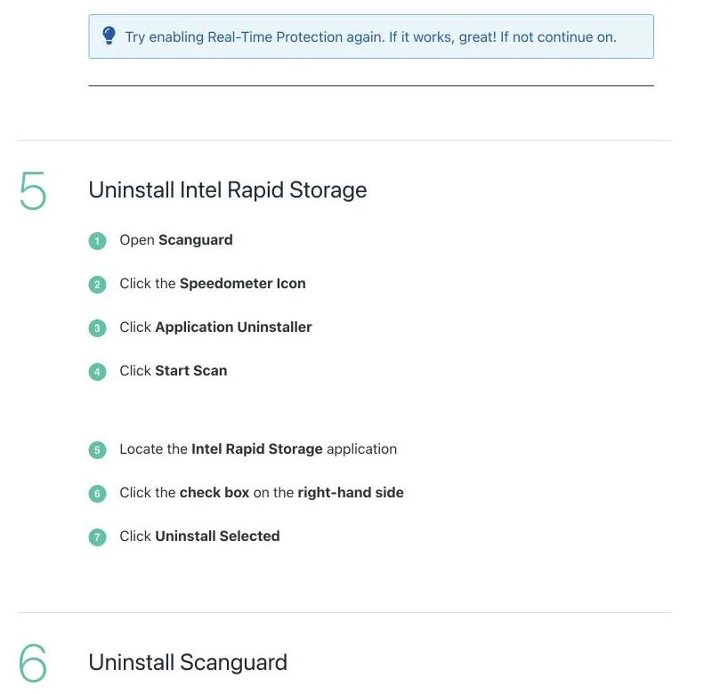 Official Scanguard troubleshooting page recommending Intel Rapid Storage removal before another reinstall