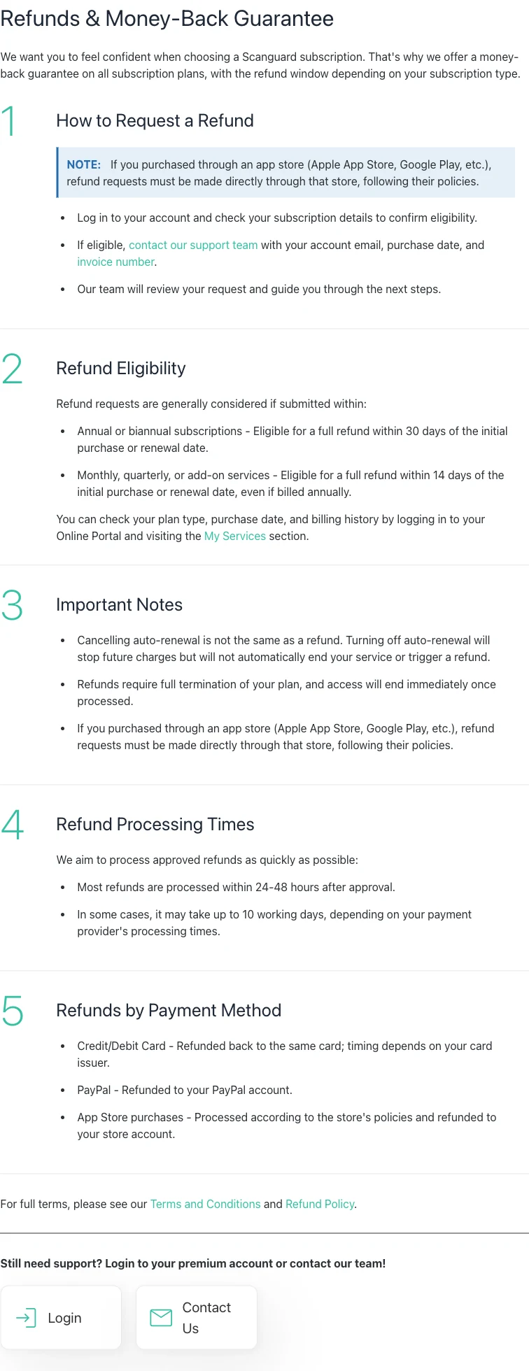 Official Scanguard refund page with eligibility windows and cancellation versus refund distinction