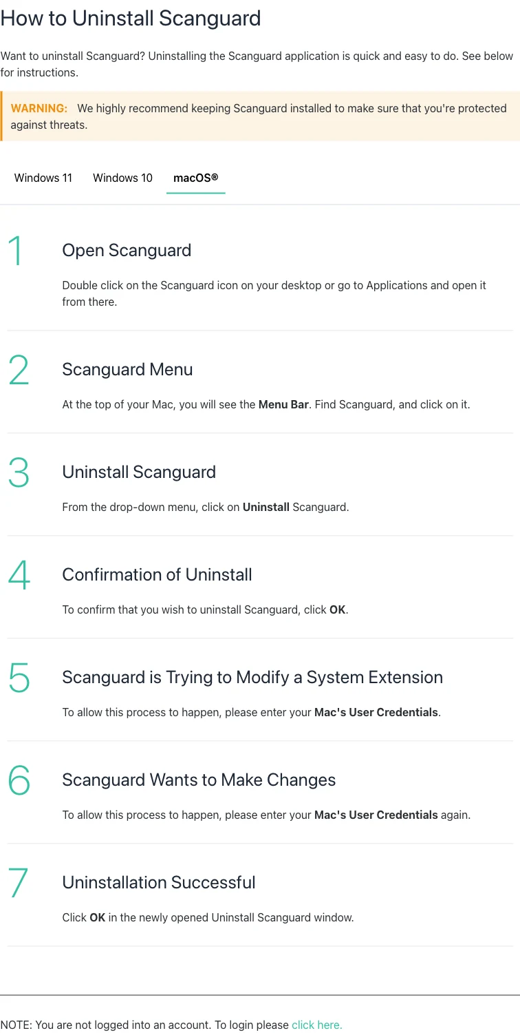 Official Scanguard macOS uninstall steps including system extension authorization
