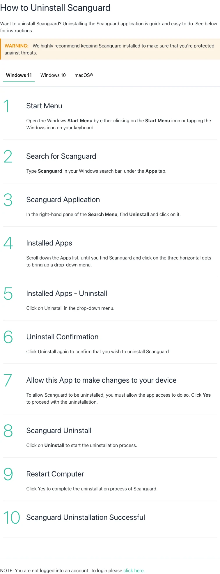 Official Scanguard Windows 11 uninstall steps from Start search through restart