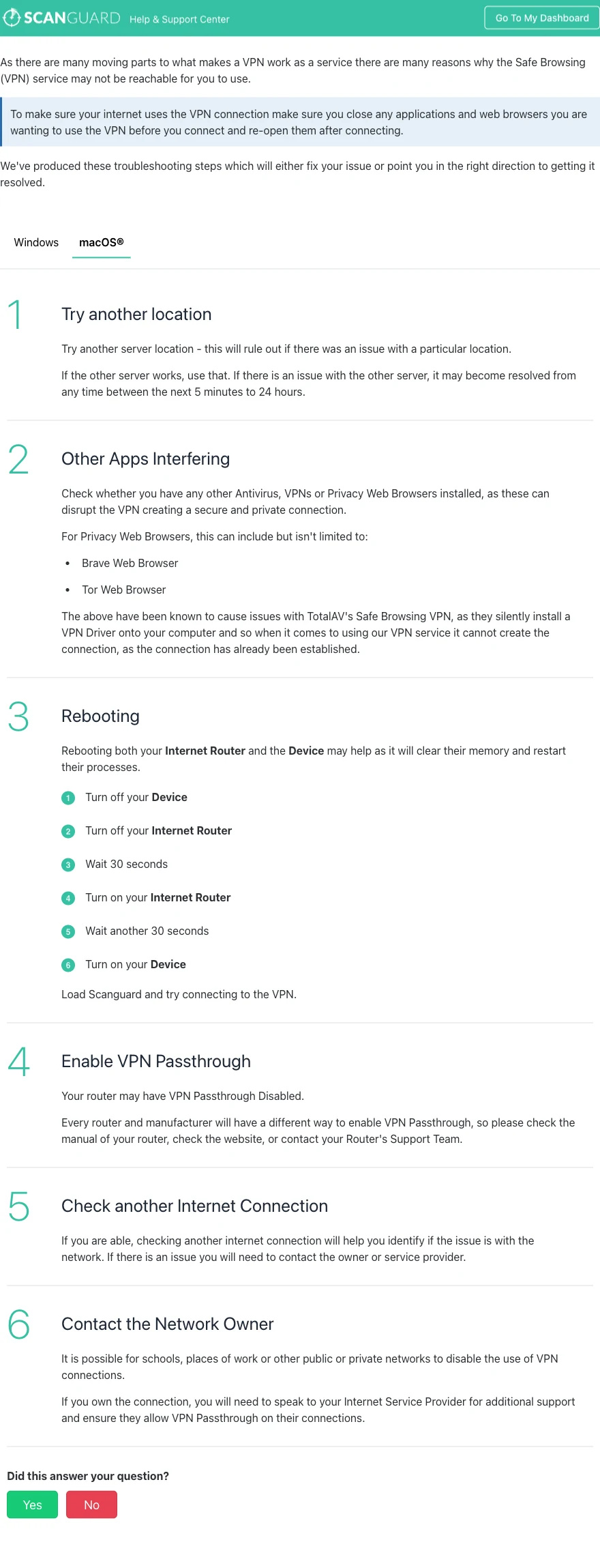 Official Scanguard Safe Browsing VPN troubleshooting for location, app conflicts, restart and network checks