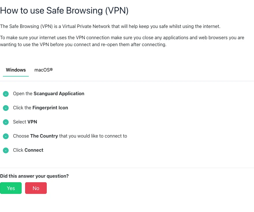 Official Scanguard Safe Browsing VPN Windows connection steps with country selection