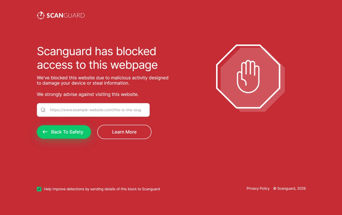 Official 2026 Scanguard WebShield page with blocked URL, Back To Safety and Learn More controls