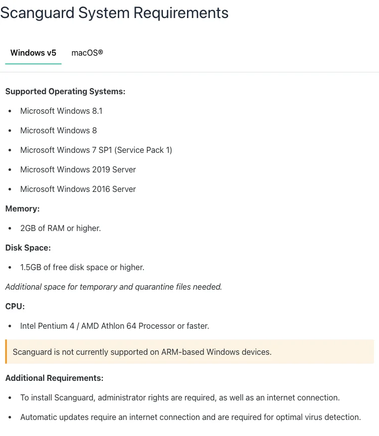 Official Scanguard Windows requirements omit Windows 10 and 11 and exclude Windows on ARM