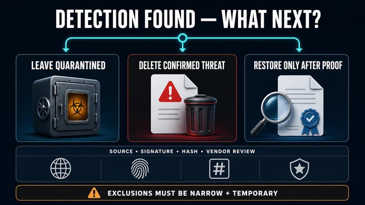 Scanguard quarantine decision map for leaving an unknown item isolated, deleting a confirmed threat or restoring after proof
