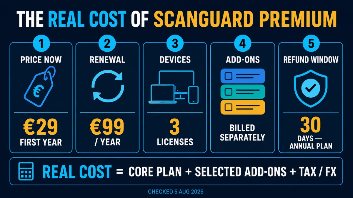 Five-part Scanguard cost checklist covering price, renewal, devices, add-ons and refund window
