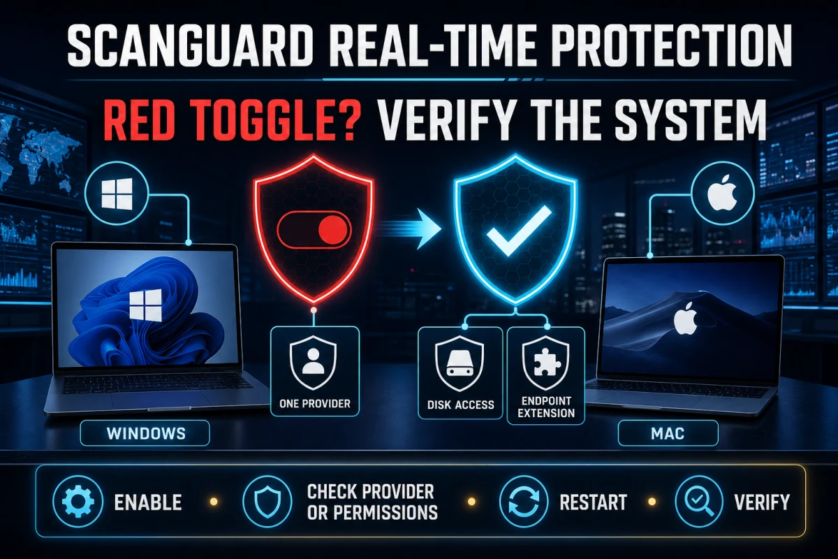 Scanguard Real-Time Protection red toggle repair through Windows provider or Mac permission verification