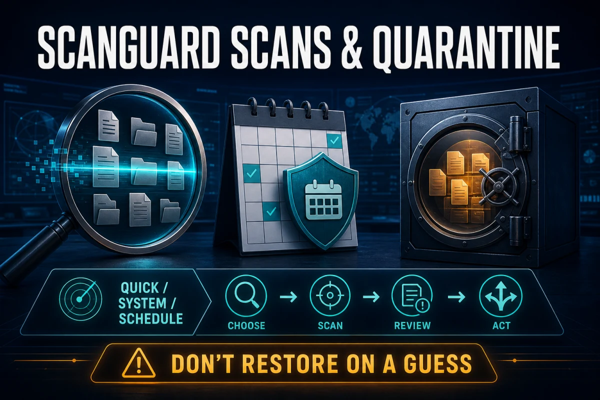 Scanguard scans and quarantine workflow for choosing a scan, scheduling it, reviewing detections and acting safely