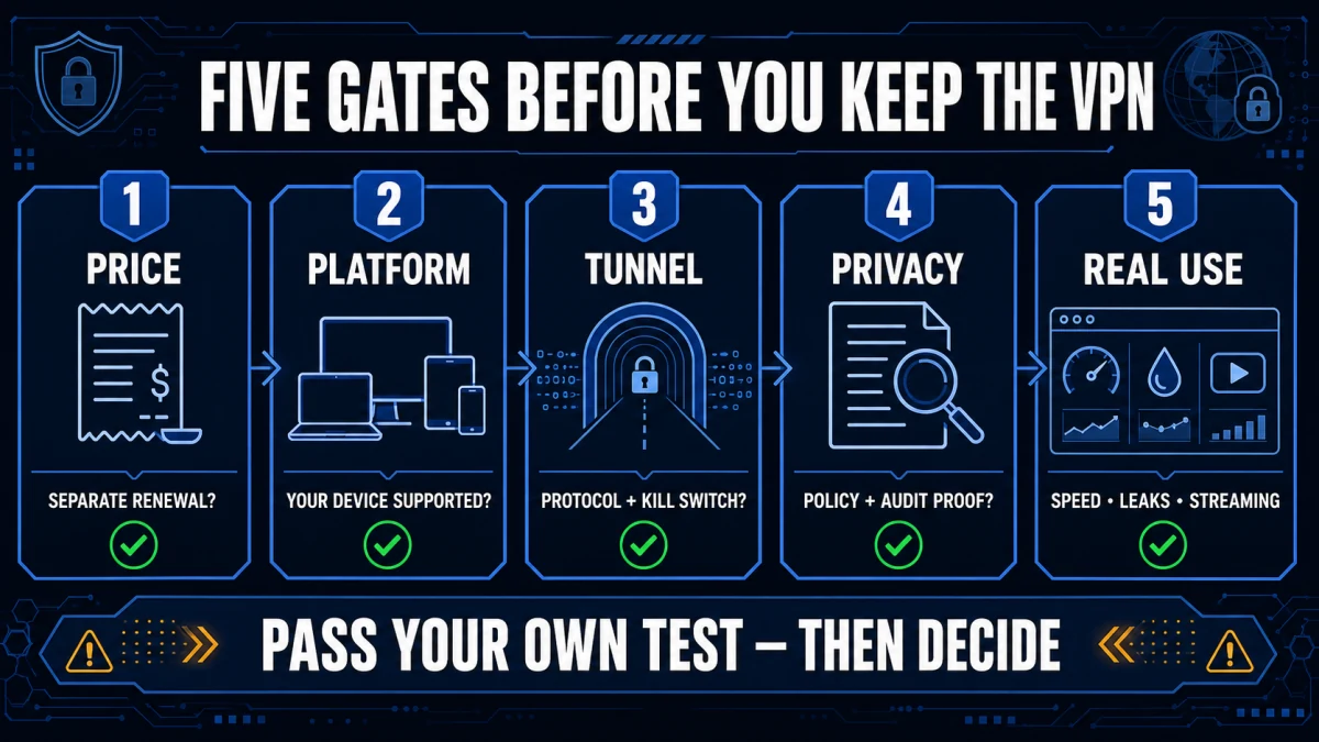 Five-gate Scanguard VPN evaluation for price, platform, tunnel controls, privacy proof and real-world testing