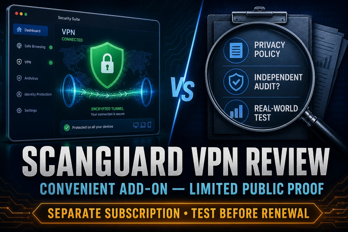 Scanguard VPN review comparing integrated convenience with privacy policy, audit and real-world evidence