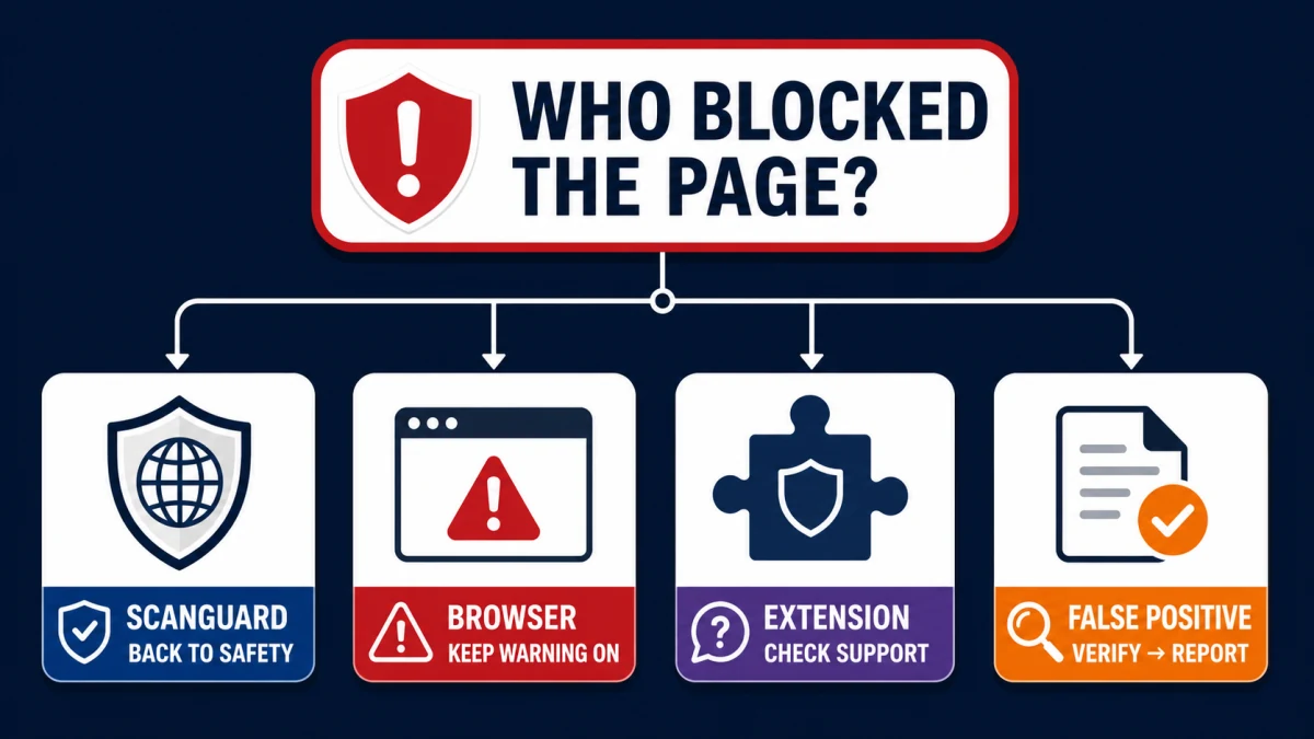 Decision map separating Scanguard blocks, browser warnings, unsupported extensions and false-positive reports