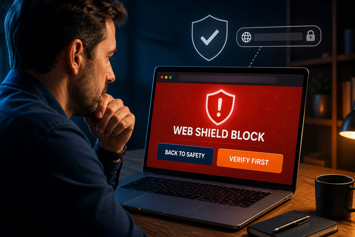 Reader deciding between safety and verification after a Scanguard WebShield blocked-site warning