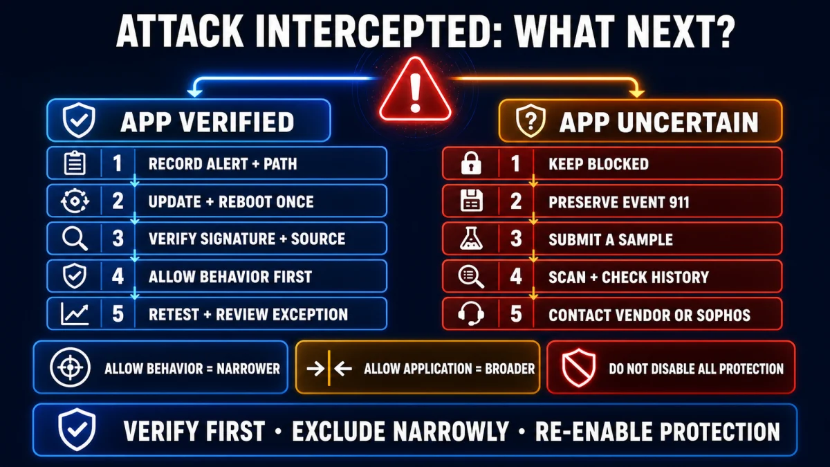 Sophos Home Attack Intercepted alert verification and exclusion decision map
