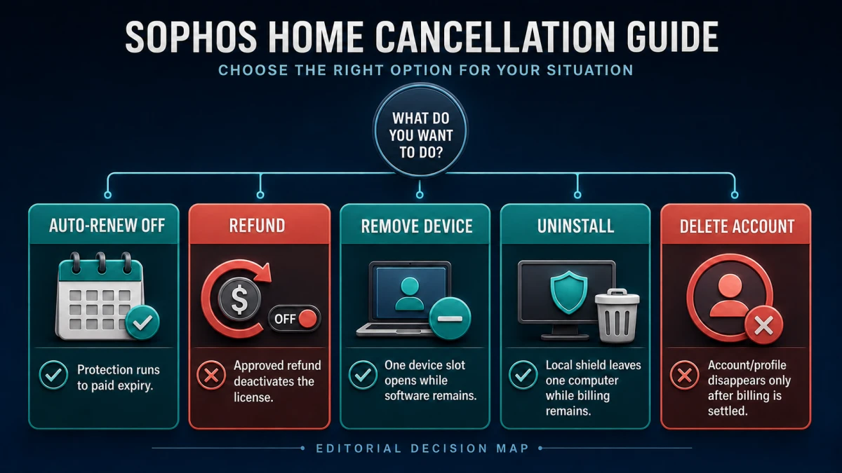 Five Sophos Home exit choices for renewal, refund, device removal, uninstall and account deletion