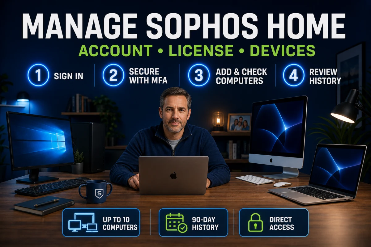 Sophos Home dashboard workflow for account, license, MFA and managed computers