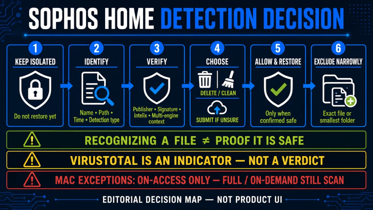 Sophos Home detection verification, cleanup, restore and narrow exclusion decision map