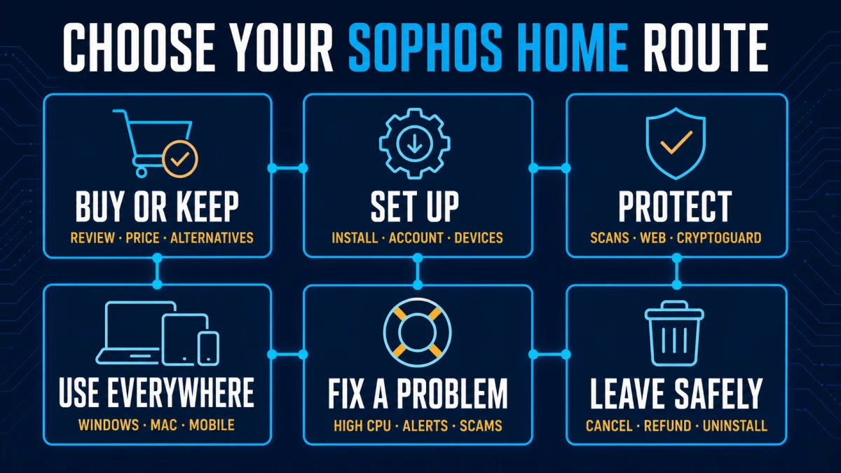 Six Sophos Home guide routes for buying setup protection platforms troubleshooting cancellation refund and uninstall