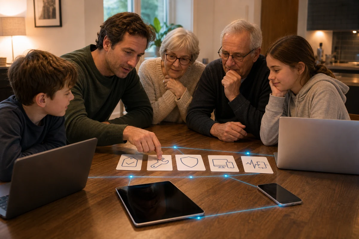 Multi-generational family choosing six routes through Sophos Home purchase setup protection devices troubleshooting and removal