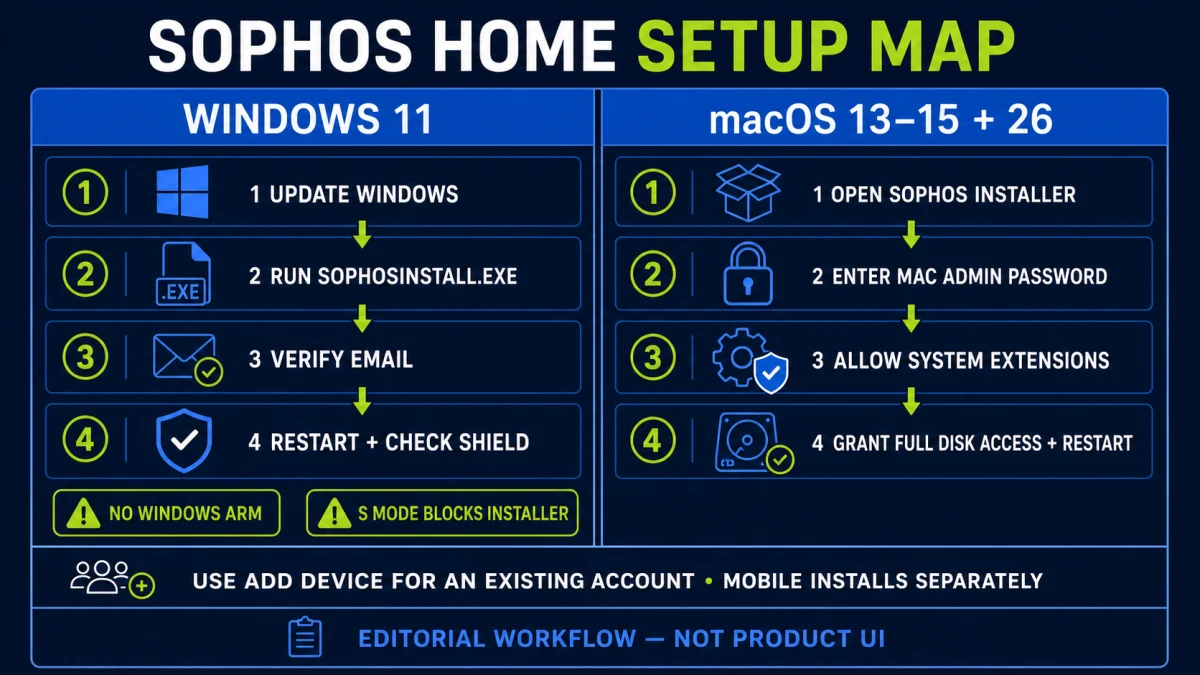 Sophos Home Windows and macOS installation steps with platform warnings