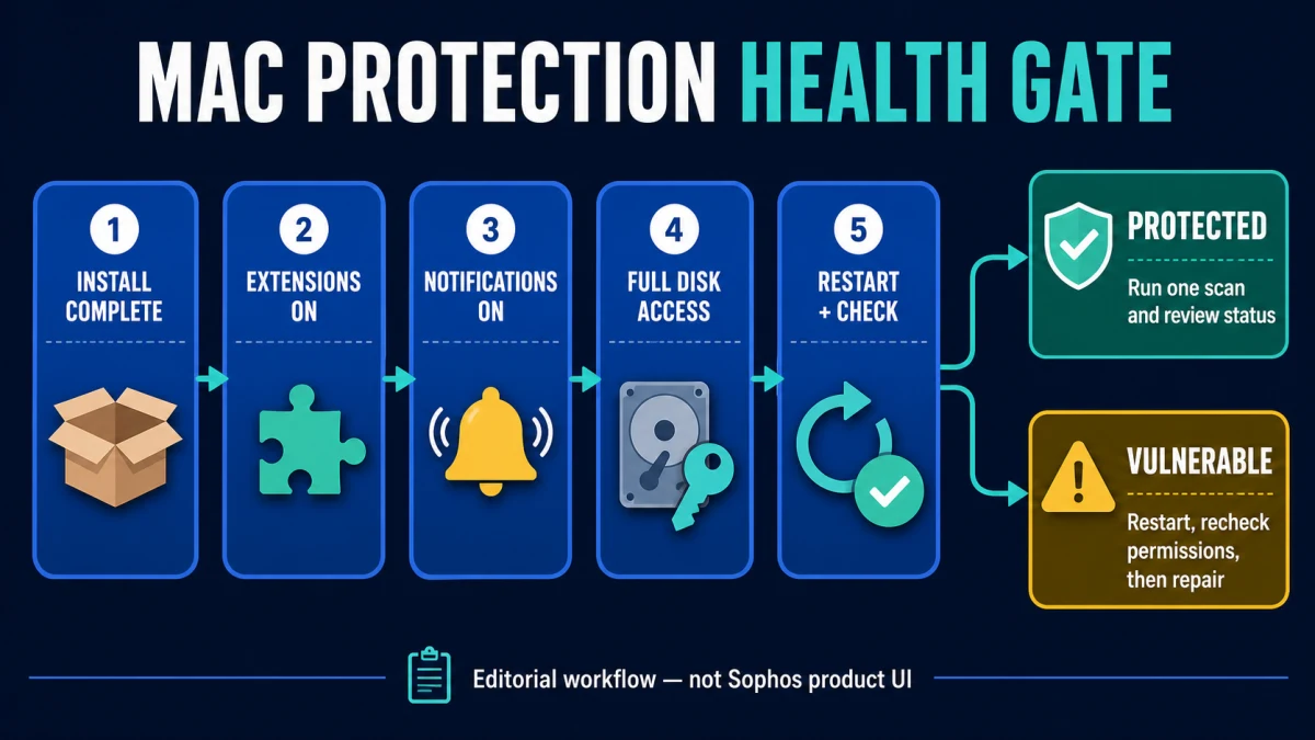 Sophos Home for Mac post-install protection health checklist and vulnerable status repair branch