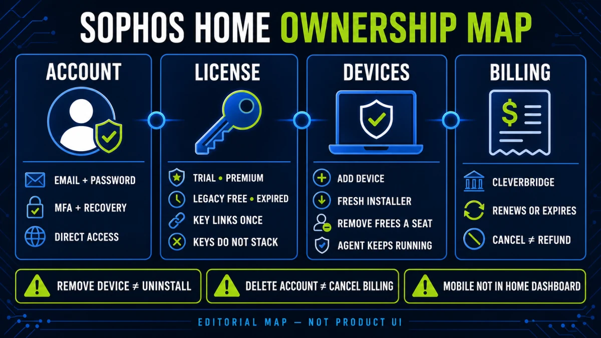 Sophos Home account, license, devices and billing ownership map