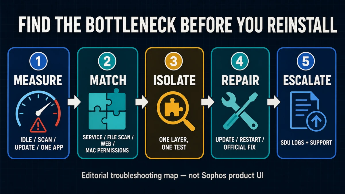 Five-step Sophos Home troubleshooting map from measurement to support logs