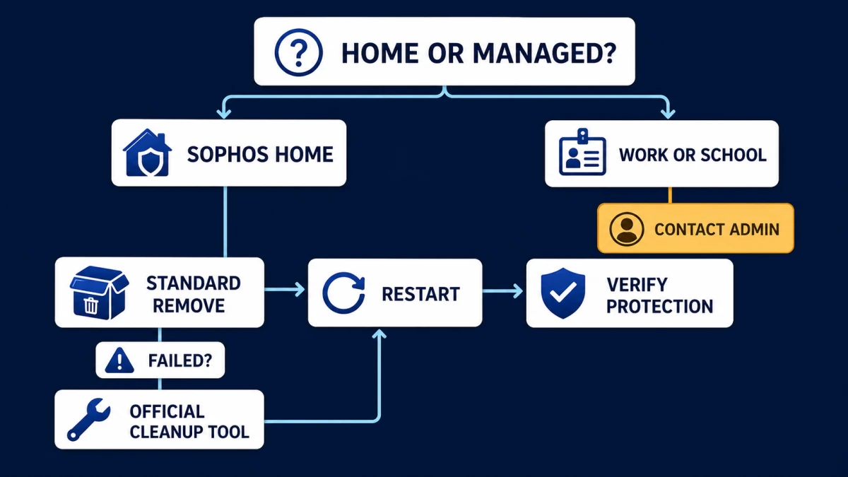 Decision path from Sophos Home identification through standard removal, restart, verification and official cleanup after failure