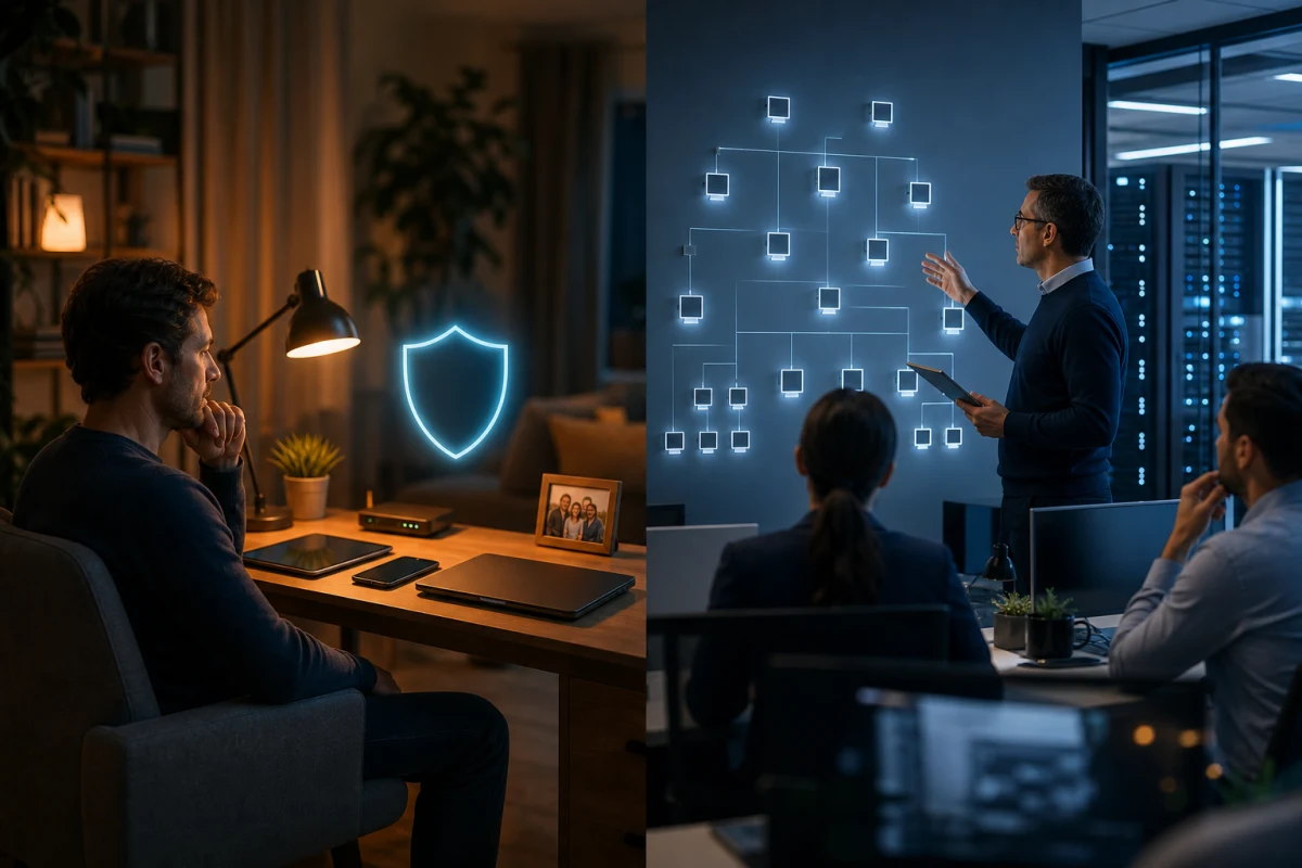Personal household protection contrasted with an IT team managing many organization-owned endpoints