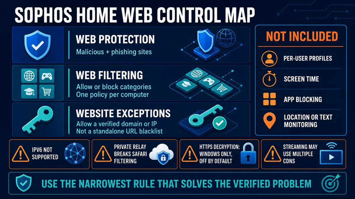Sophos Home Web Protection, category filtering, exceptions and compatibility limits map