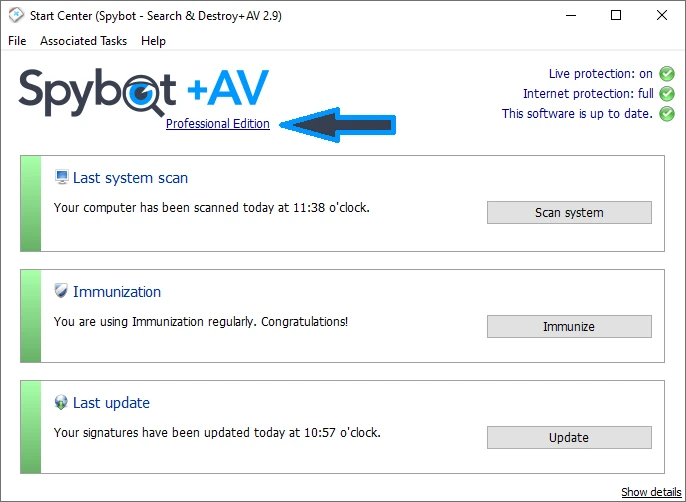 Official Spybot 2.9 Start Center with Professional Edition and protection status indicators