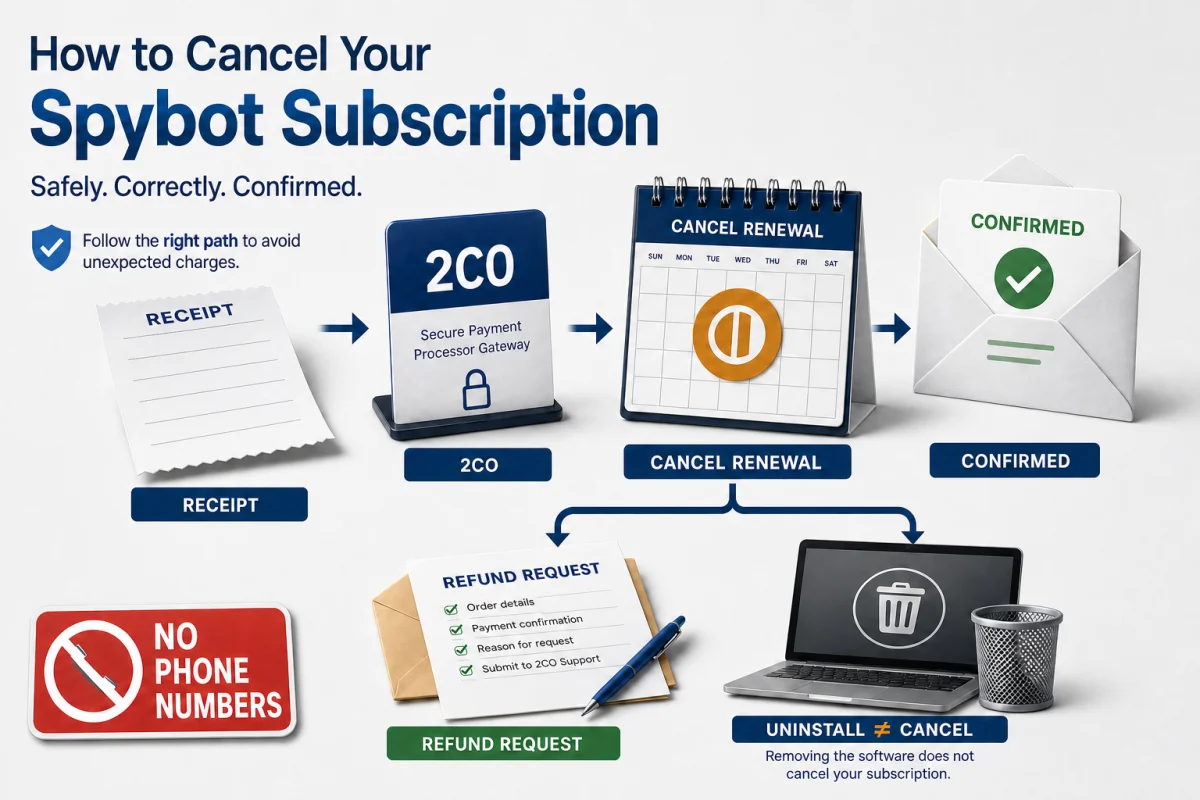 Cancel Spybot renewal through 2Checkout then verify confirmation and request any refund separately