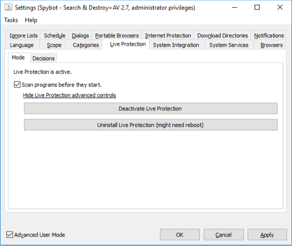 Official Spybot 2.7 Live Protection settings with deactivate and uninstall controls