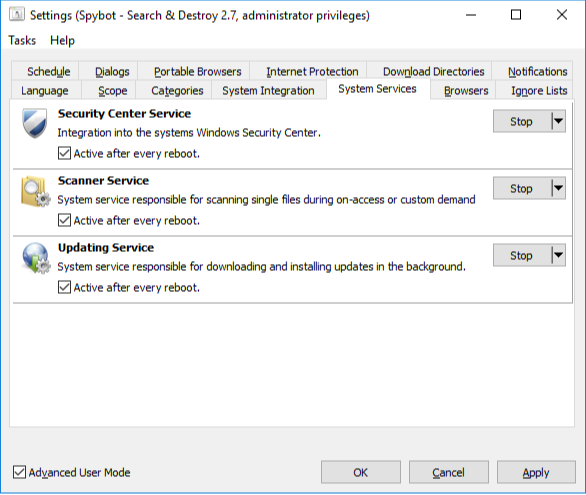 Official Spybot 2.7 settings for Security Center Scanner and Updating services