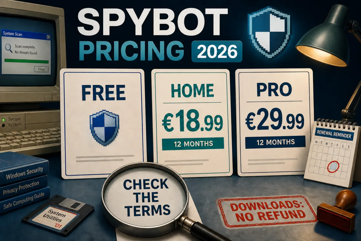 Spybot Free, Home €18.99 and Professional €29.99 prices with renewal and refund checks
