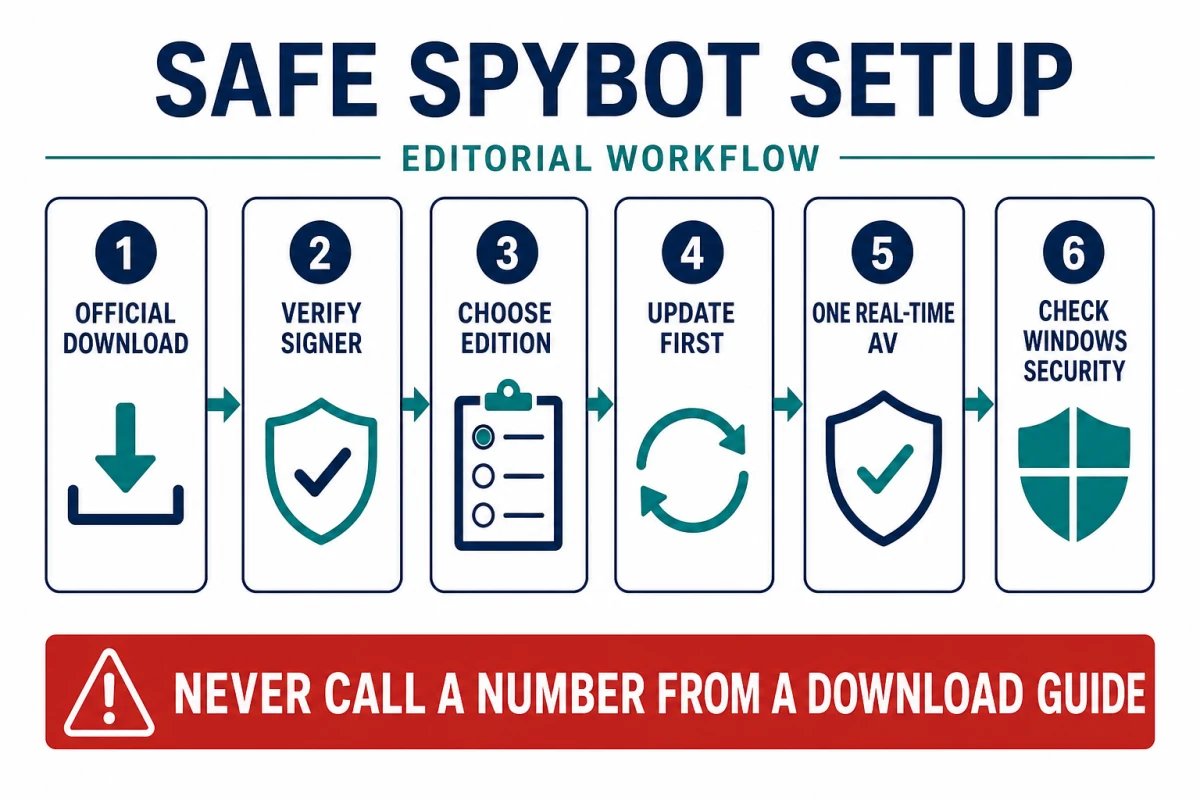 Six safe Spybot setup checks from official download and signer verification to one antivirus provider