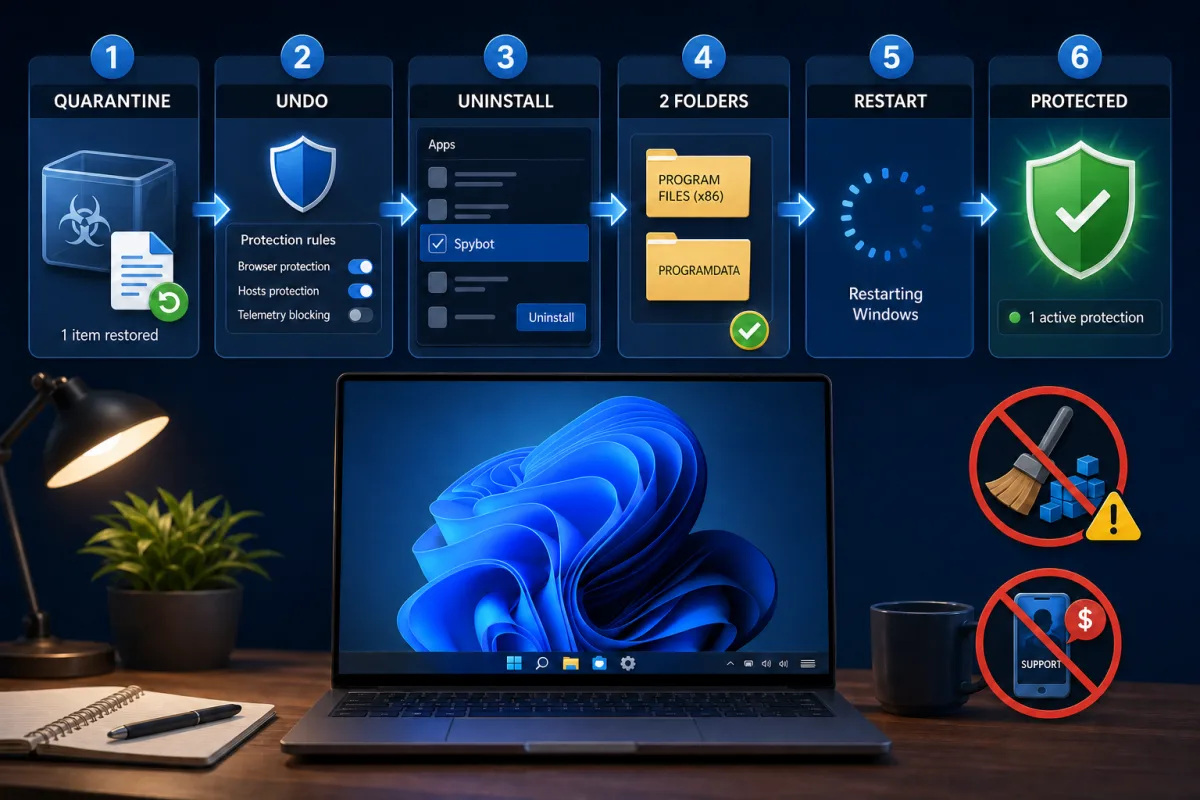 Uninstall Spybot completely by reviewing Quarantine undoing Immunization removing verified folders and confirming antivirus protection