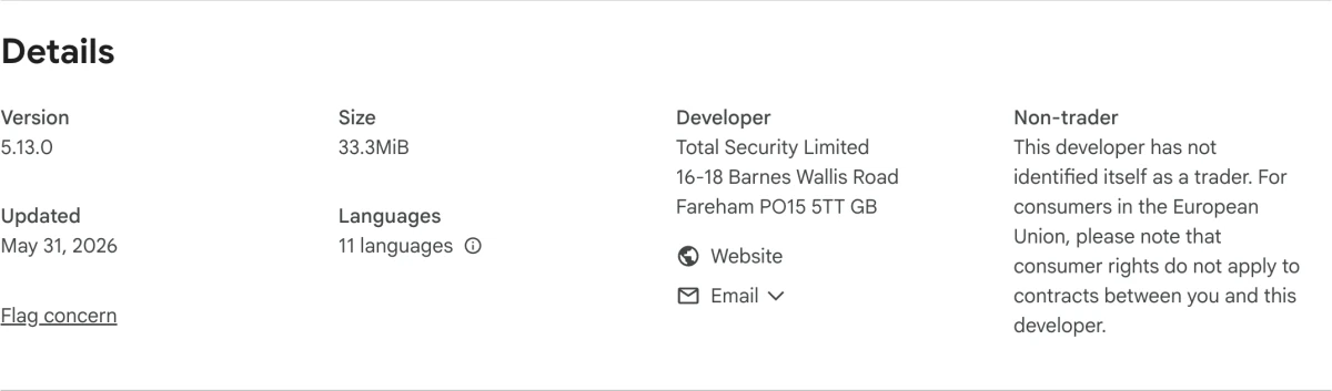 Chrome Web Store details for Total Adblock showing version 5.13.0, May 2026 update and Total Security Limited developer