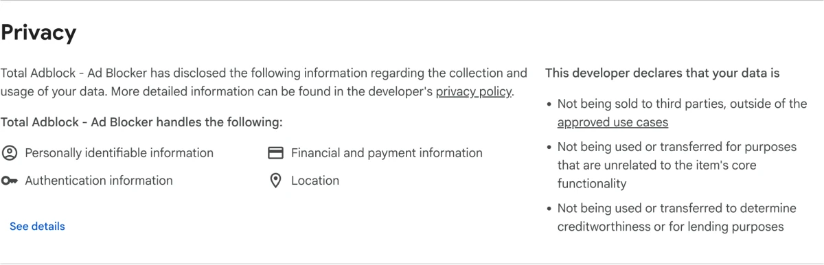 Total Adblock Chrome Web Store privacy disclosure listing identity, payment, authentication and location data categories