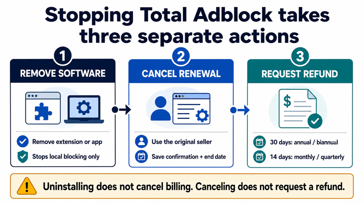 Three separate Total Adblock exit actions for removing software, canceling renewal and requesting a refund