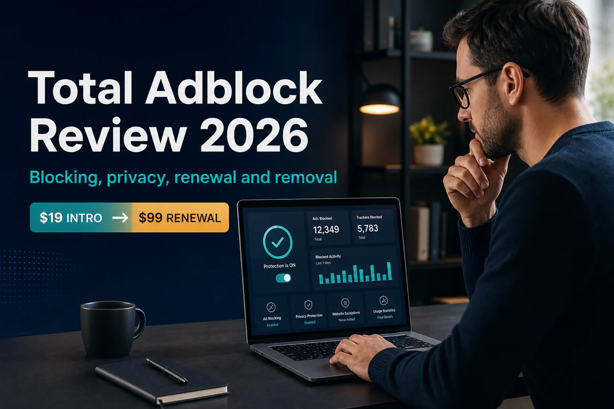Browser user comparing Total Adblock privacy controls with its $19 introductory and $99 renewal prices