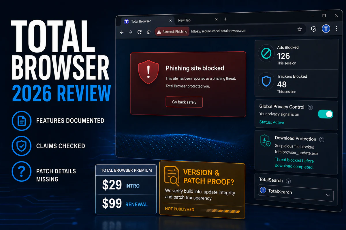 Total Browser 2026 review with phishing, ad, tracker and privacy controls plus missing version and patch evidence