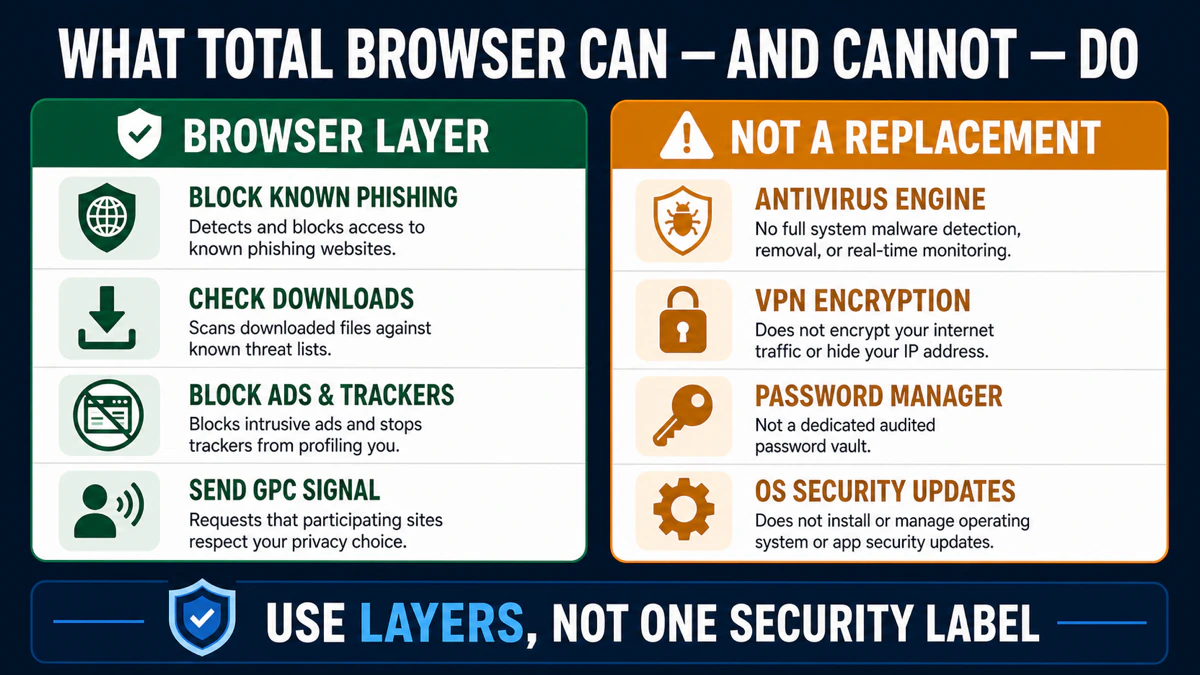 Total Browser phishing, download, ad and privacy layer compared with antivirus, VPN and operating-system security
