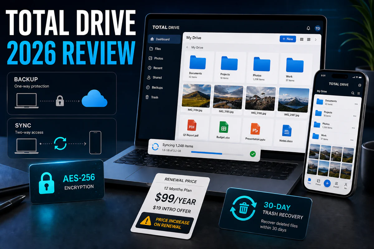Total Drive 2026 review with cloud sync, AES-256 encryption, 30-day recovery and annual renewal price