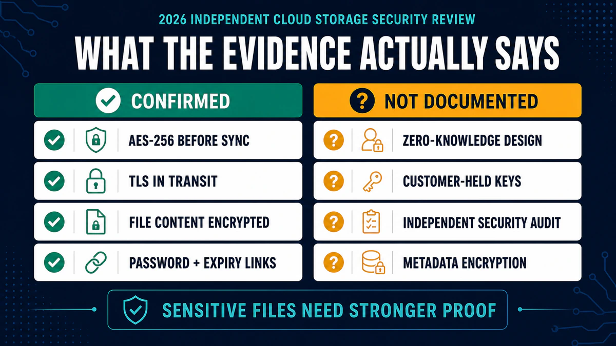 Total Drive security evidence separating confirmed AES-256 and TLS from undocumented key ownership and audits