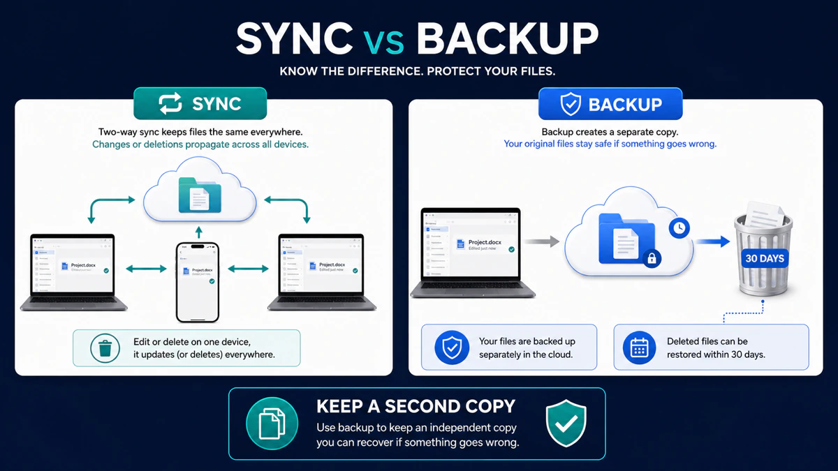 Difference between Total Drive synchronization, an independent backup and the 30-day web trash recovery window