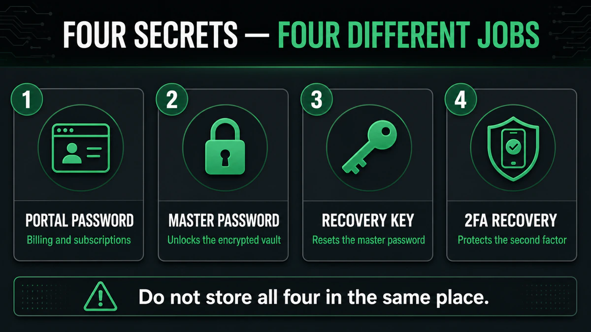 Four Total Password credentials separated into portal password, master password, Recovery Key and 2FA recovery roles